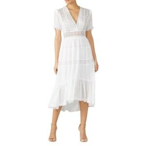 The Kooples Lace Deep Dress V-Neck Midi Cotton White US 2